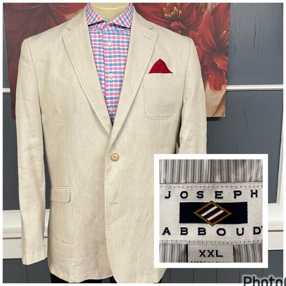 Joseph Abboud Linen Blend Blazer Jacket Sport Coat Mens XXL (46R) Light Beige‎